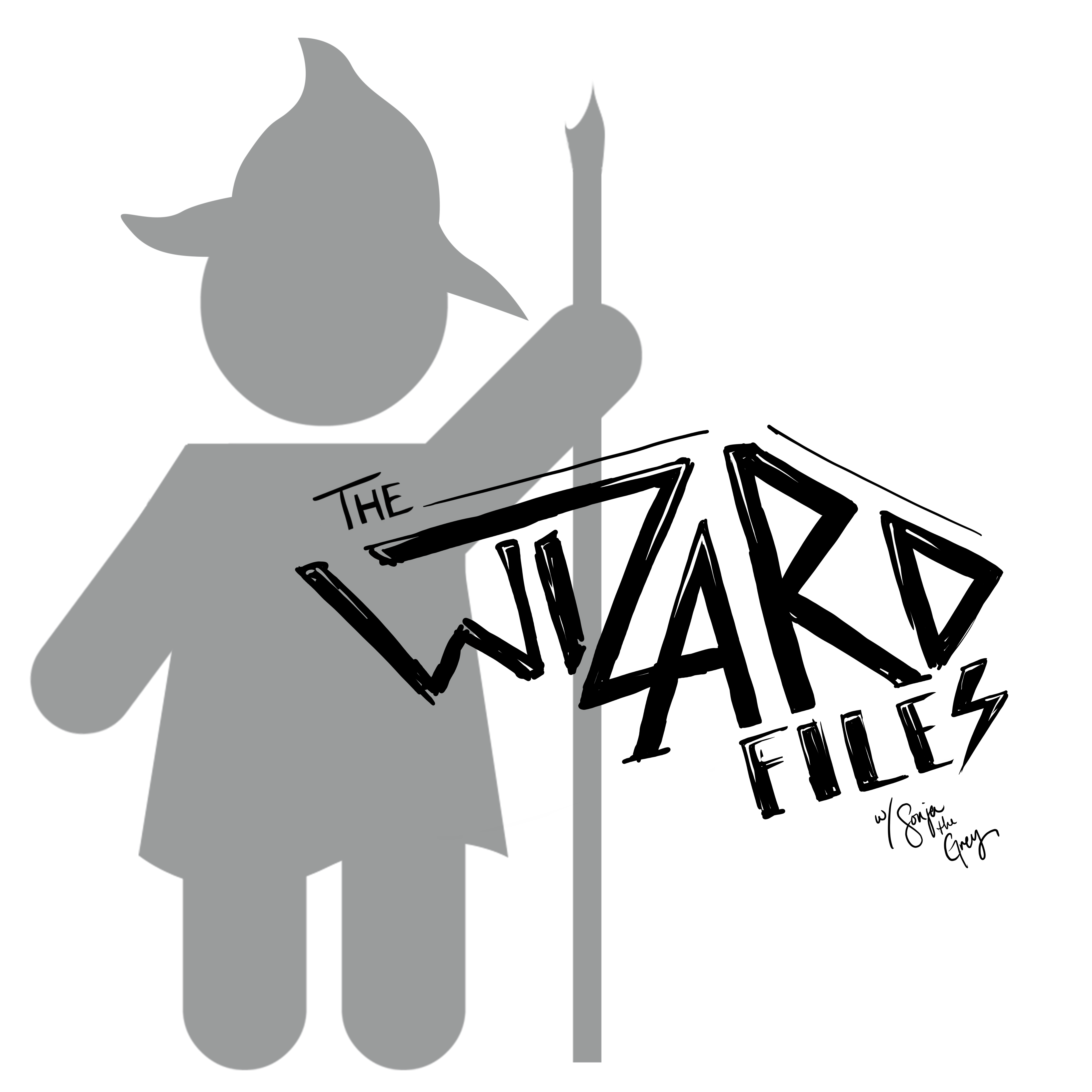 icon-style image of a wizard in grey color. "The Wizard Files" written over it, which is the name of the podcast.